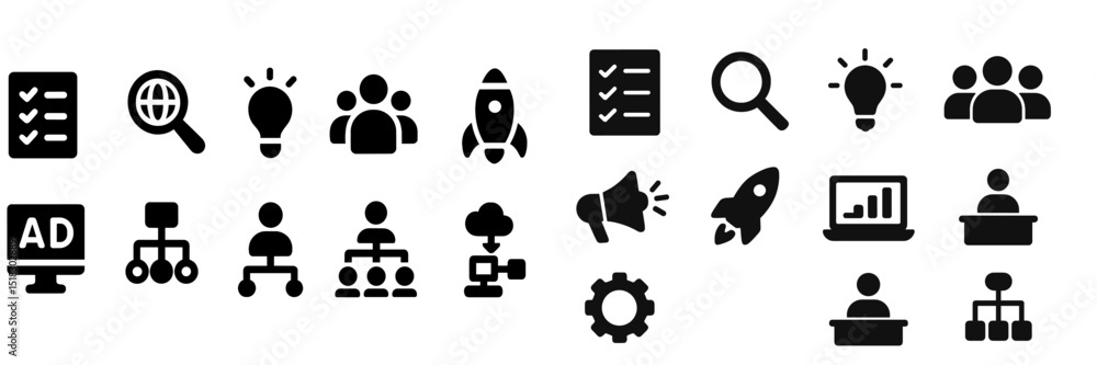 Poster Collection of various symbols representing teamwork, innovation, and business development concepts for a digital workspace