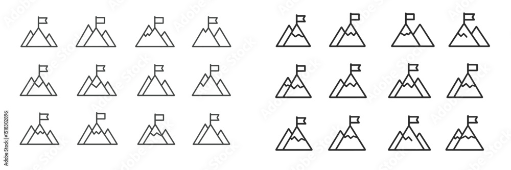 Poster mountain icons with flags in a grid layout representing exploration and achievement in outdoor activ