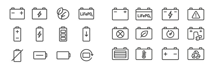 Battery icons representing various types and functionalities including charging, usage, and recycling methods