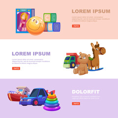 Toys banners. attraction for kids cartoon cars textile animals and dolls