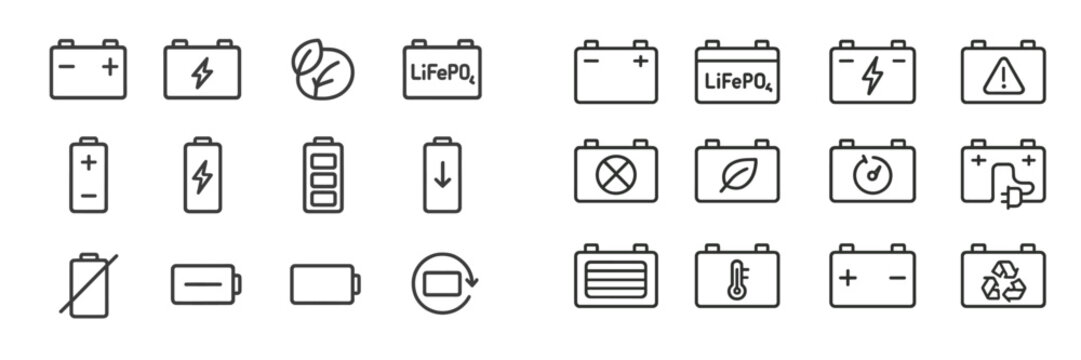 Battery icons representing various types and functionalities including charging, usage, and recycling methods