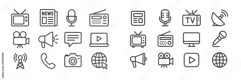 Poster communication symbols illustrating various media channels and technologies for broadcasting and news