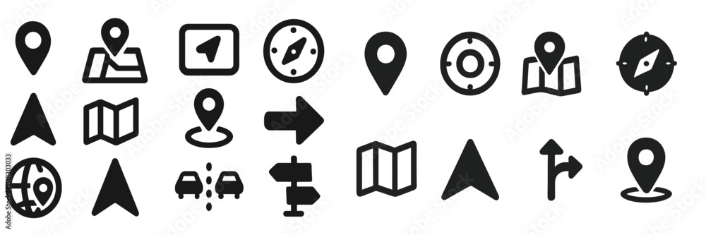 Fototapete various navigation icons displayed in a grid format, showcasing directional signs and maps