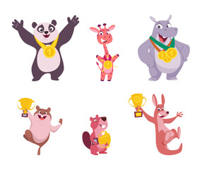 Animal with trophy. Happy cartoon animals holding golden medal or cup of sport achievement exact vector successful characters