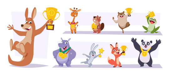 Golden cup. Animal holding trophy medal for different achievements exact vector cartoon concept illustration