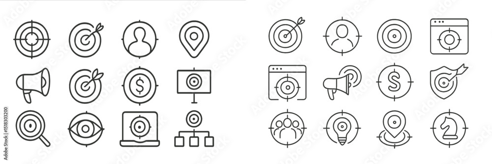 Poster various line icons representing target achievement and marketing strategies in a digital context
