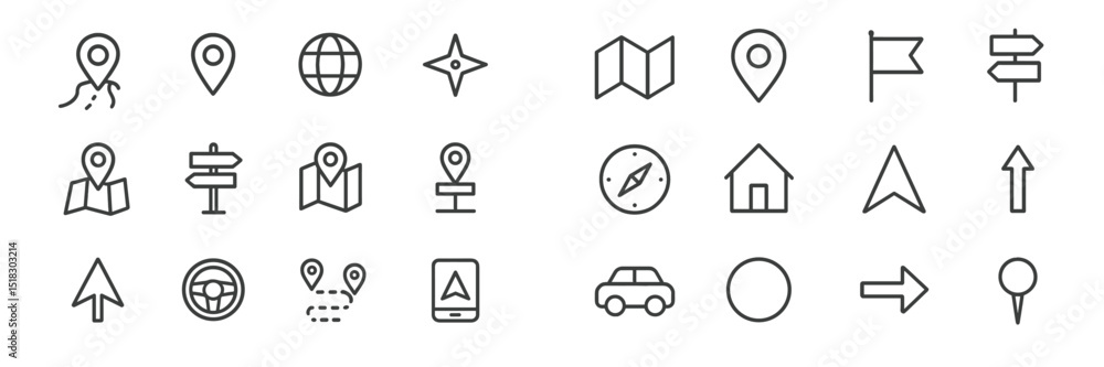 Poster Collection of simple navigation and map icons illustrating various ways to find directions and locations