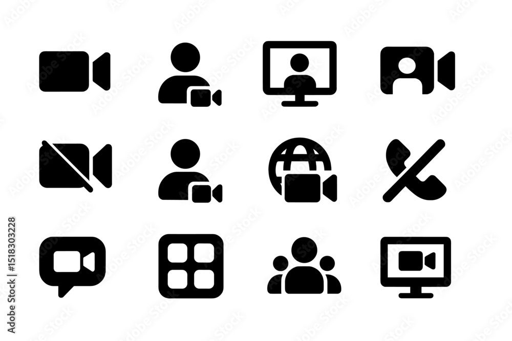 Poster black icons representing various aspects of video communication, highlighting different features and