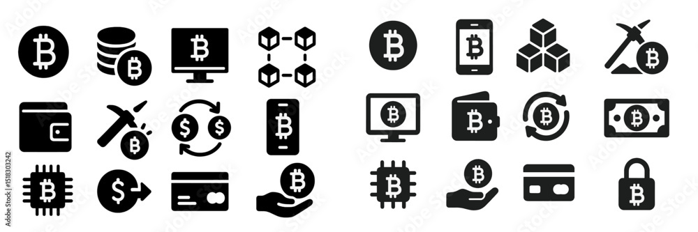 Poster Various Bitcoin symbols and icons representing cryptocurrency transactions and mining processes