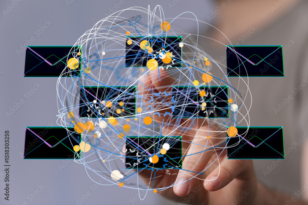 Poster hand interacting with a visual representation of a global email network. digital communication, conn