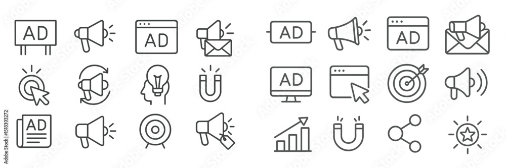 Poster collection of advertising icons showcasing different promotional methods and platforms in a minimali