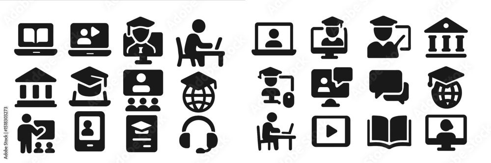 Aufkleber symbols representing online education, e-learning platforms, and virtual classrooms created in vario