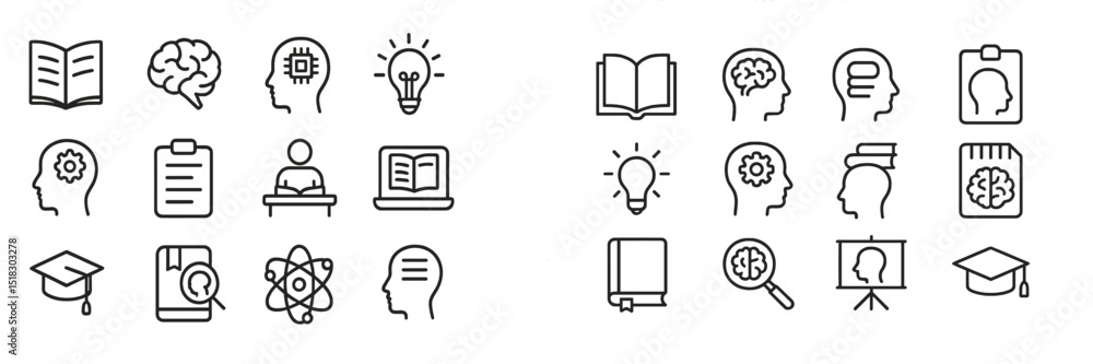 Poster education icons and symbols representing learning concepts and academic activities in a graphic styl