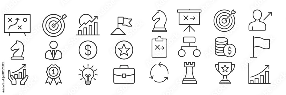 Poster Business strategy icons representing success, growth, and analysis in a minimalistic style with charts and symbols