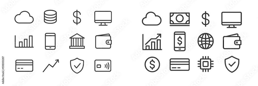 Poster financial technology symbols illustrate digital transactions and modern banking concepts in a minima
