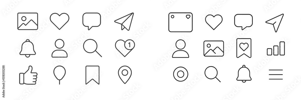 Poster collection of minimalist icons representing various digital communication and social media concepts 