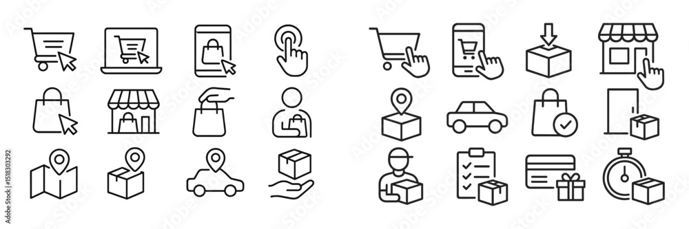 Poster modern online shopping icons representing various e-commerce activities and delivery processes in a 