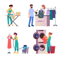 Laundry. Special dry cleaning services exact vector professional characters working in laundry interior
