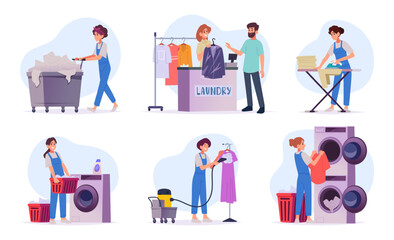 Laundry service. Male and female professional workers cleaning clothes exact vector cartoon set