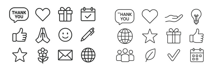 Collection of simple line icons representing gratitude, celebration, and communication in a minimalist style suitable for various uses