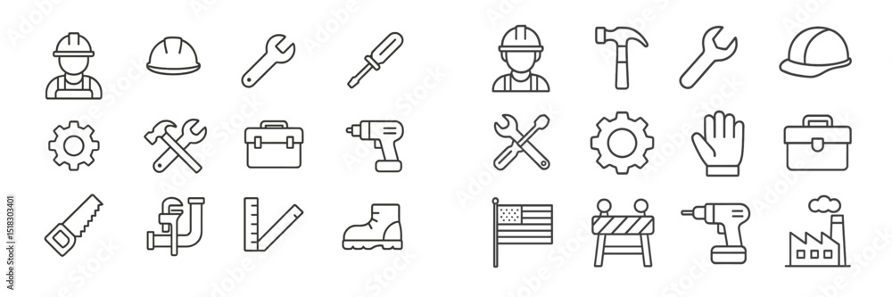 Poster tools and construction symbols representing various occupations and activities in a minimalistic sty