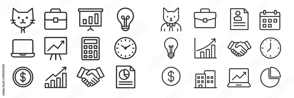 Poster business concepts represented by icons including animals and tools in black and white design