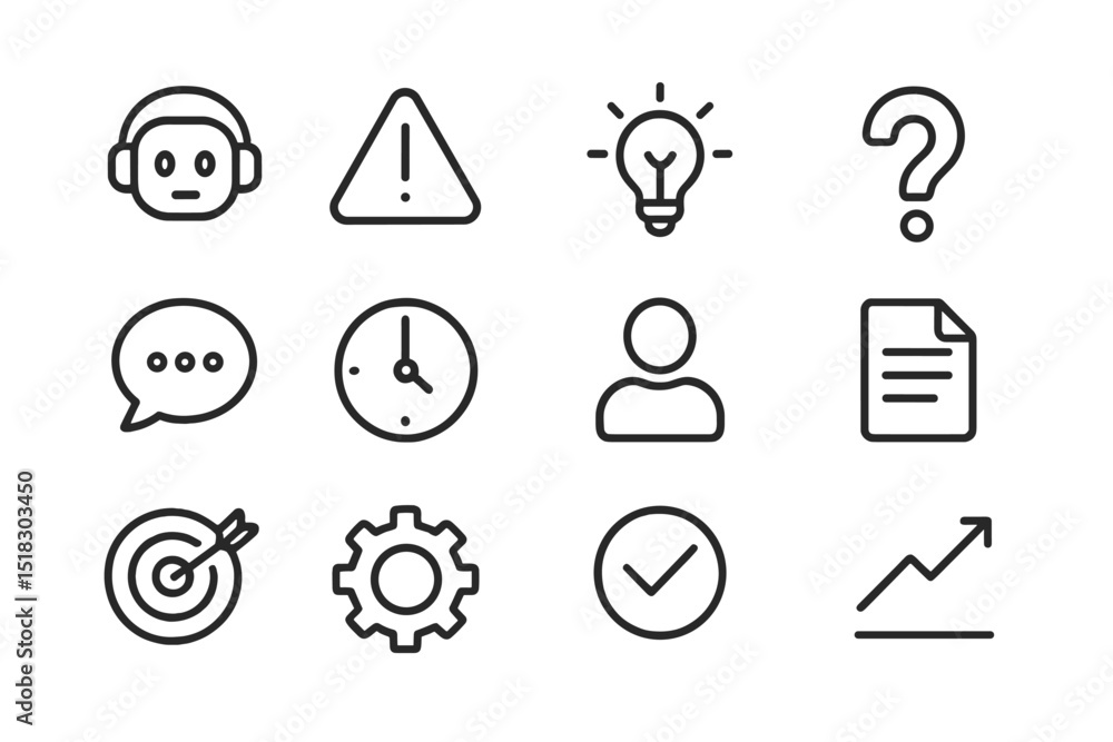Poster various icons representing communication, problem-solving, and productivity in a modern workspace en
