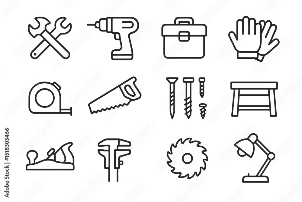 Poster collection of essential tools for home improvement and woodworking projects in a workspace setting
