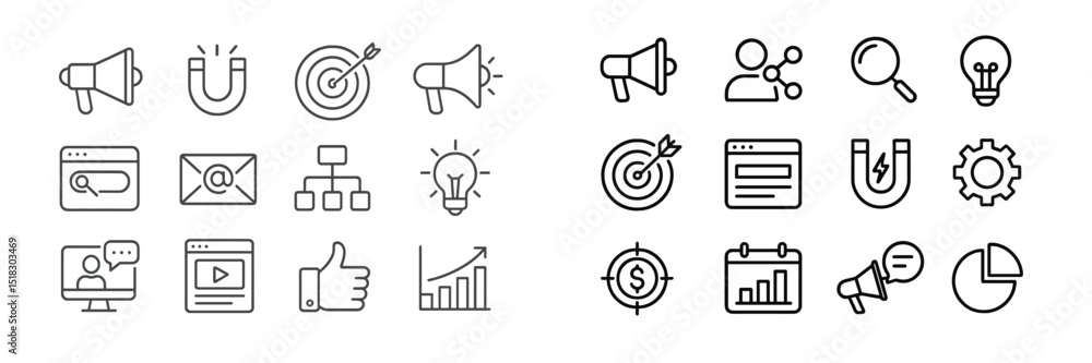 Aufkleber line icons representing various concepts of communication, marketing, and strategy displayed on a pl