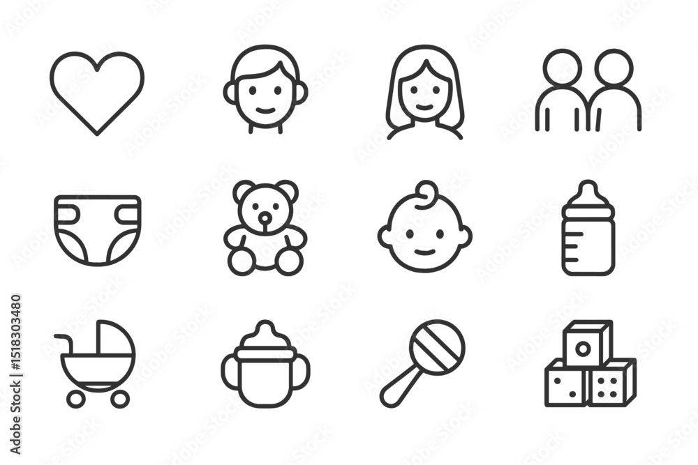 Poster simple line icons representing childhood and parenting activities suitable for various digital proje