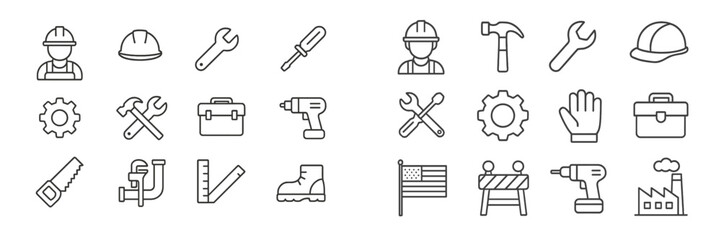 Tools and construction symbols representing various occupations and activities in a minimalistic style for educational purposes