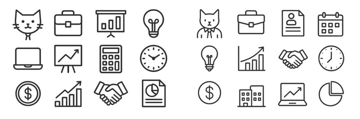 Business concepts represented by icons including animals and tools in black and white design