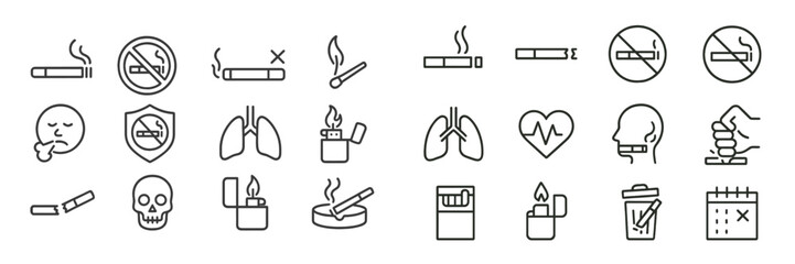 Collection of no smoking icons illustrating health risks associated with tobacco use