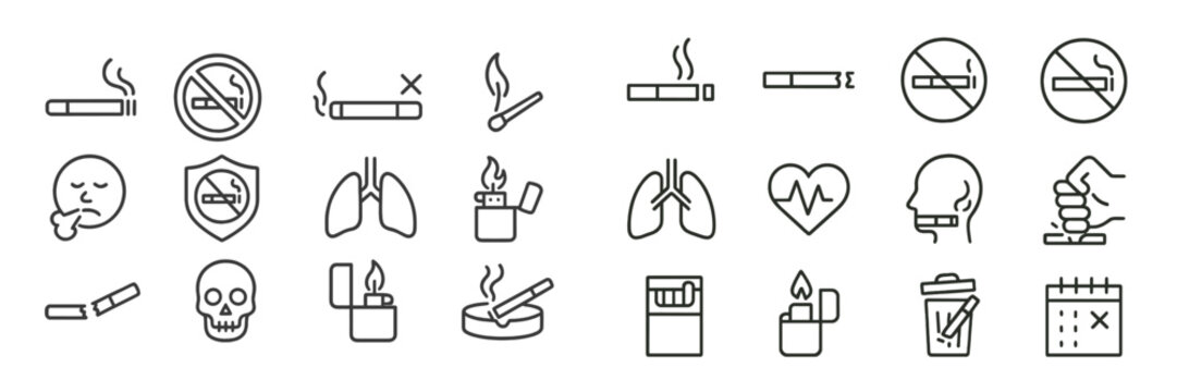 Collection of no smoking icons illustrating health risks associated with tobacco use