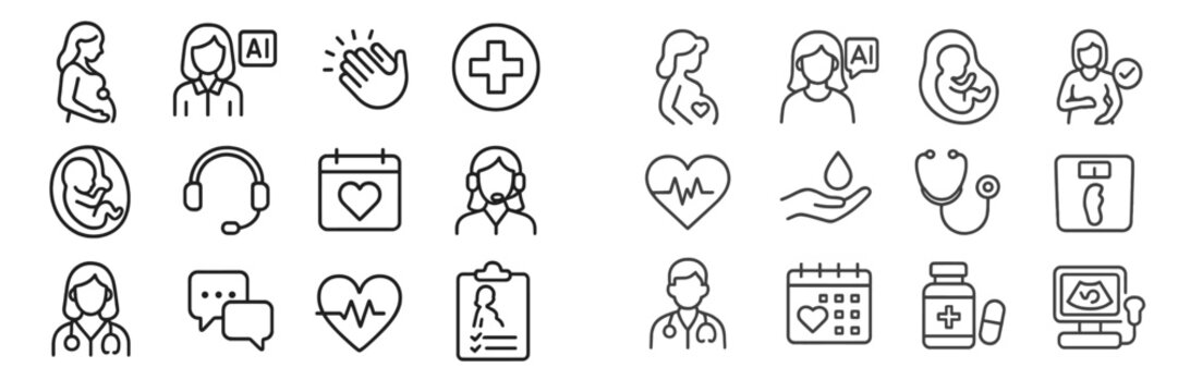 Icons representing healthcare, technology, and maternal support in a modern design