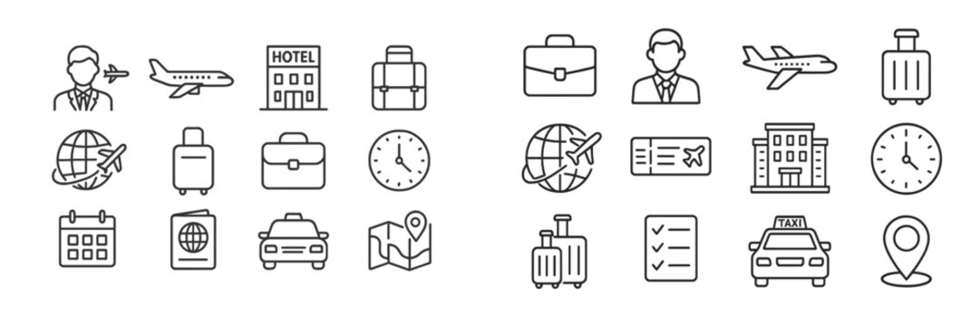 Travel planning symbols with transportation, accommodation, and itinerary elements for efficient journey organization