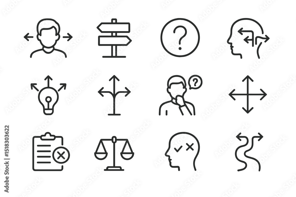 Poster Decision making process illustrated with various symbols for choices and directions in life and thought