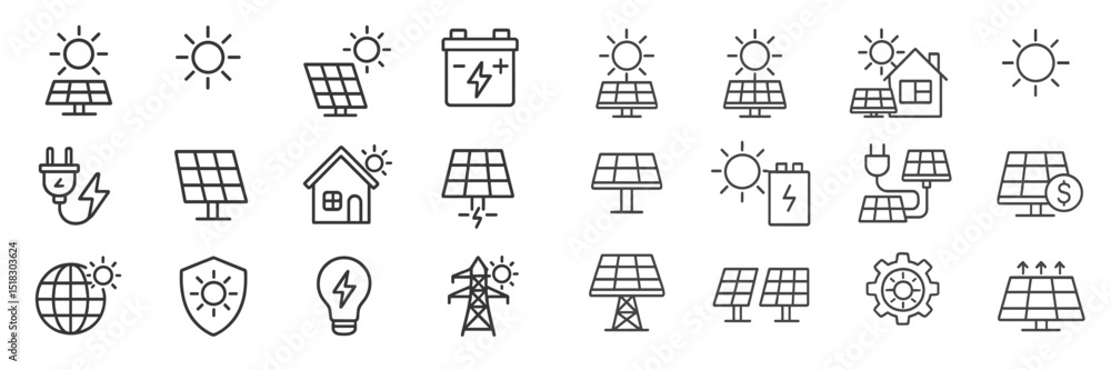 Poster solar energy icons illustrating renewable power sources and energy conservation methods in a creativ