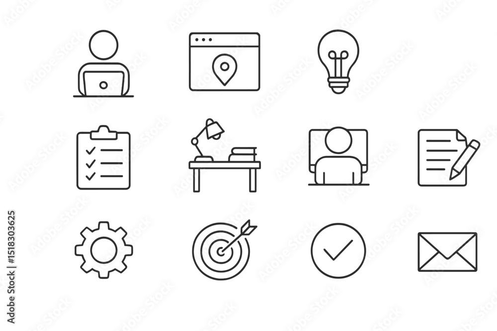 Poster collection of minimalist icons representing work, productivity, and communication in a digital envir