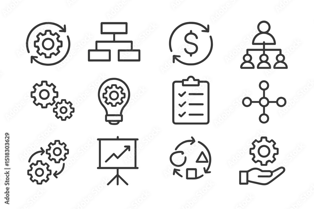 Fototapete collection of simple line icons representing business concepts and workflows in a modern design sett