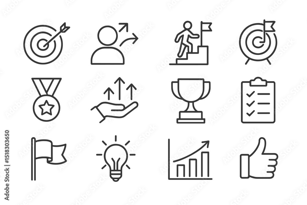 Poster visual representation of goals, achievements, and progress in a professional setting with various ic