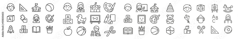 Poster collection of educational icons showcasing various school-related activities and items for teaching 