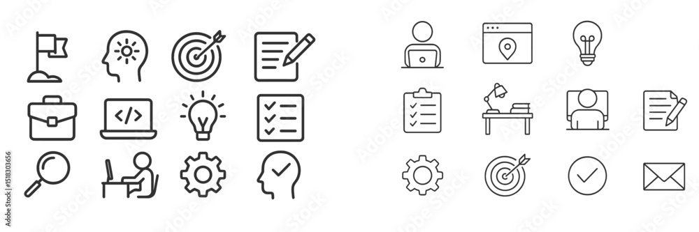 Aufkleber icons representing various aspects of productivity and innovation in a modern workspace setting