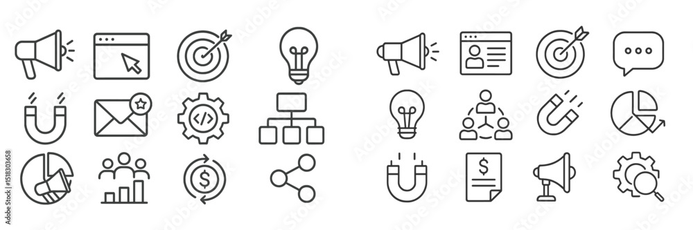 Poster Numerous icons representing digital marketing tools and strategies in a clean, modern design suitable for various applications