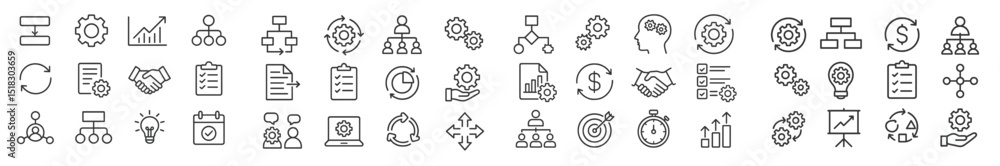 Poster collection of simple icons representing business activities and concepts on a clean background