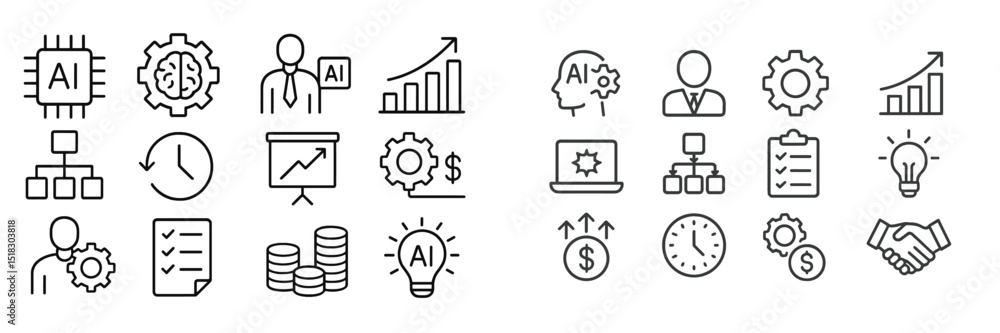Fototapete Collection of linear icons depicting artificial intelligence concepts, graphs, and workflows in a business setting