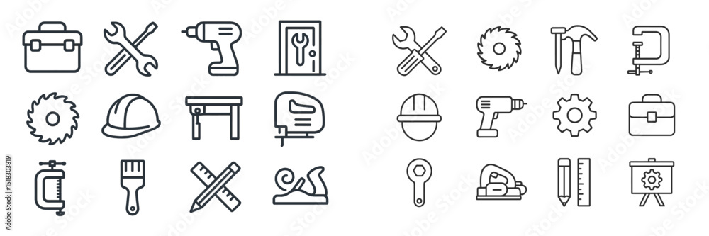 Aufkleber collection of line art tools and equipment for construction and diy projects in a minimalistic style