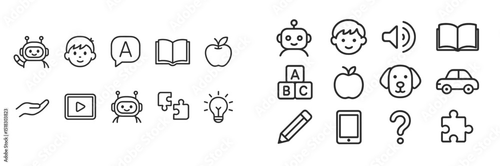Poster Illustrations of learning and technology tools for children in a simple and engaging design featuring various characters and objects