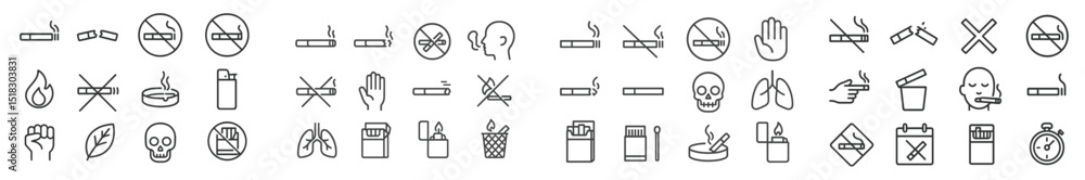 Poster collection of no smoking and health warning symbols displayed on signs and posters in a public area