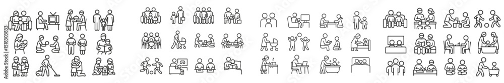 Poster stick figure illustrations depicting various social interactions in different settings throughout th